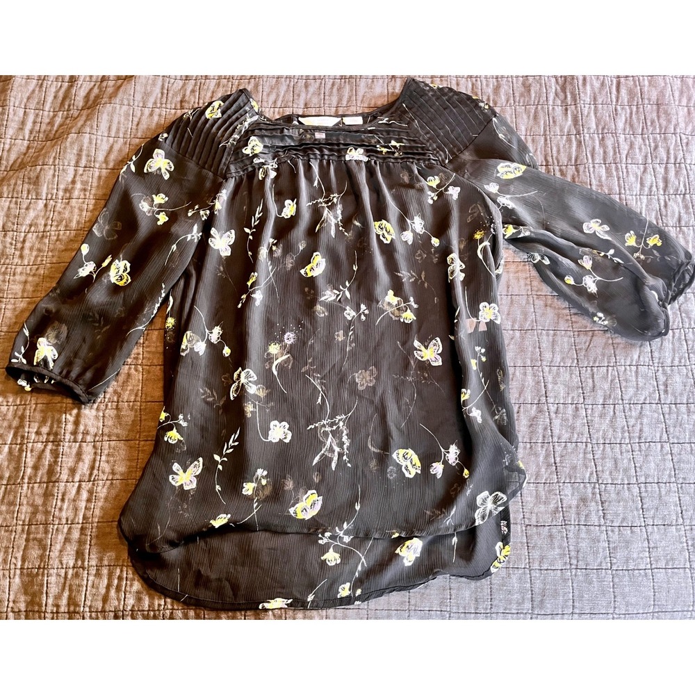 LC Lauren Conrad Black Butterfly Floral Chiffon Blouse Pleated Neck Size L